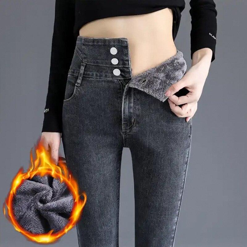 

2022 зимние толстые флисовые джинсы с высокой талией в стиле Харадзюку, теплые узкие джинсы-карандаш, винтажные женские узкие уличные эластичные джинсовые брюки 32