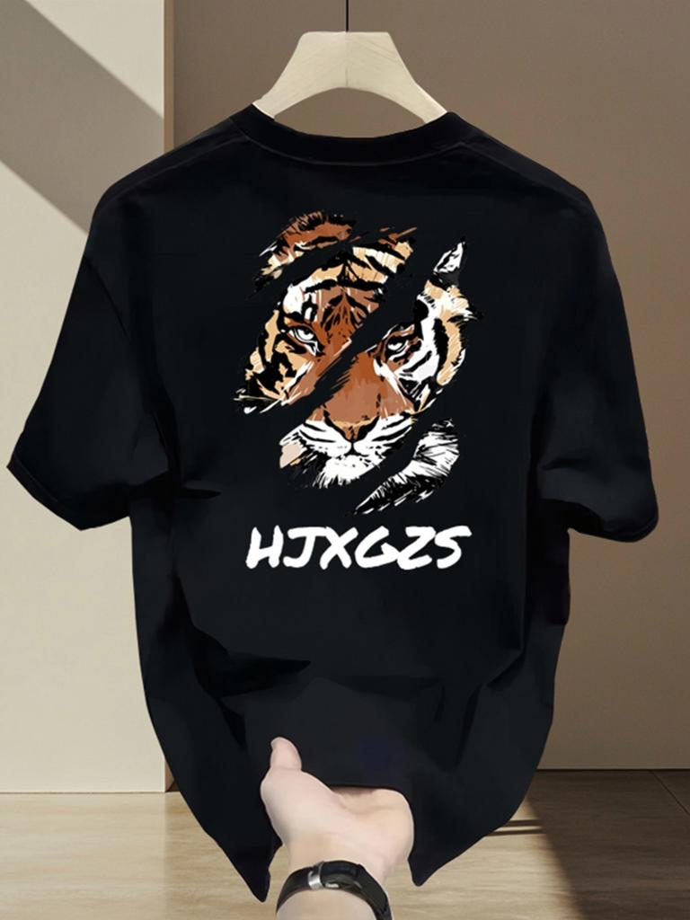 Mens cotton tshirt  Summer 2024 crew neck regular fit bold tiger head and HXGS print casual and versatile top