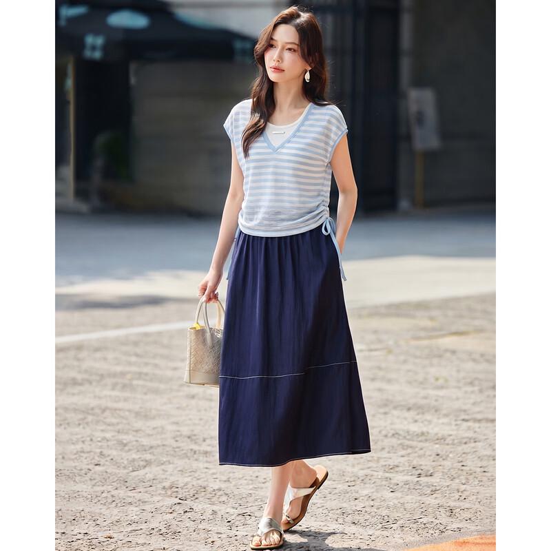 TERRE BLEUE Women s Summer Faux Two-Piece T-Shirt & Skirt Set M