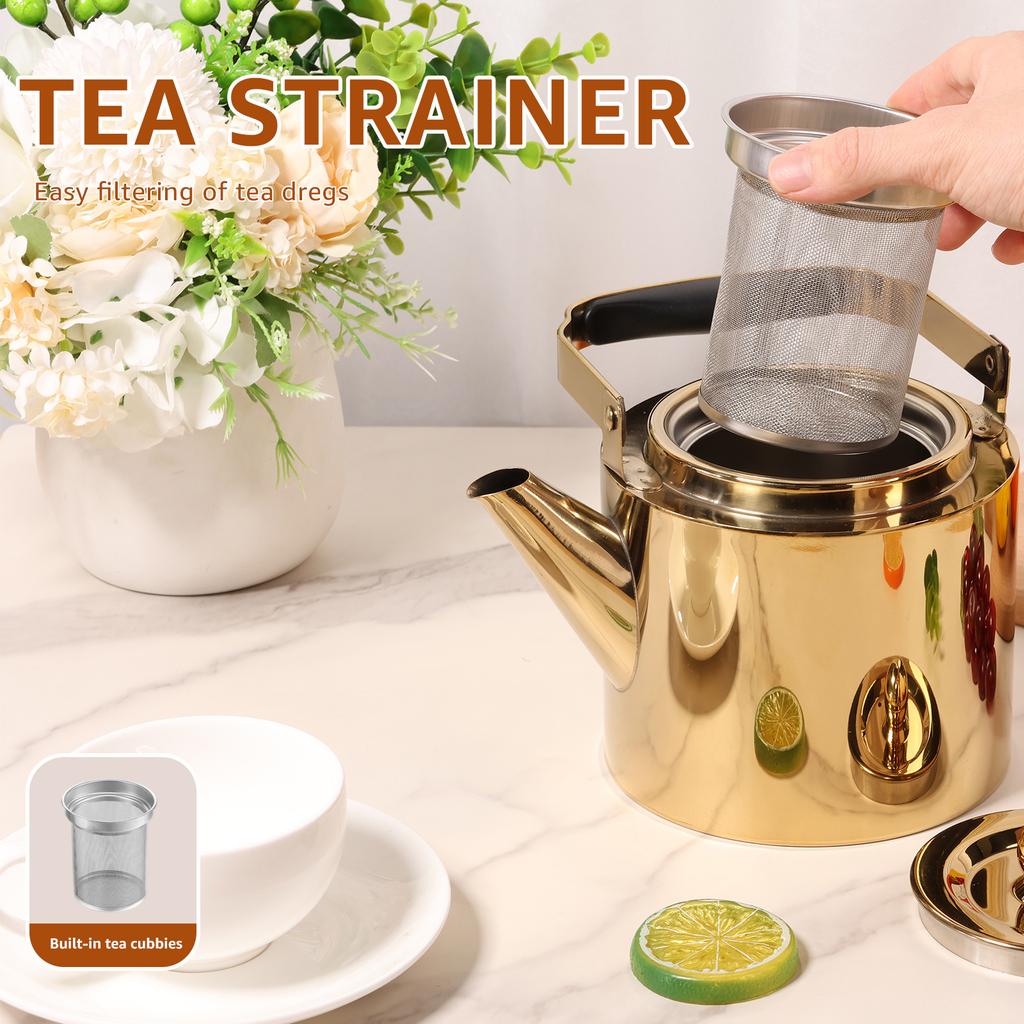 Stainless Steel Tea Pot Spout Design 1.8L Large Capacity Tea Kettle with Removeable Infuser Fine Mesh Filter for Home Camping