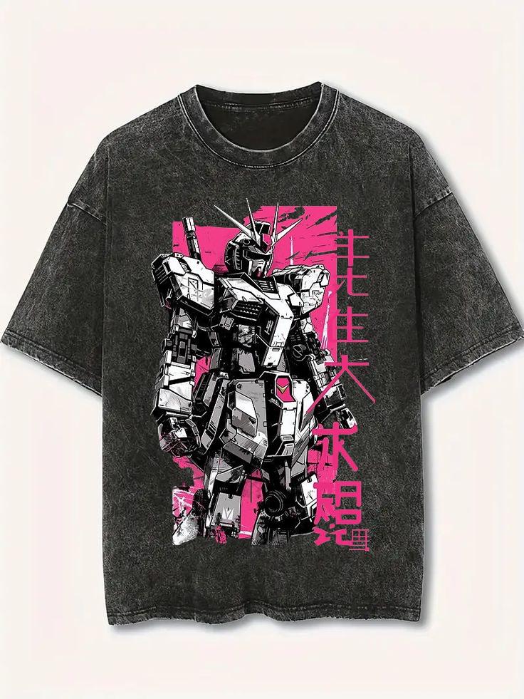 

Gundam RX T Shirt Men Vintage Acid Wash Pink Cyberpunk Mecha Streetwear Retro Mobile Suit Japanese Graphic Tees XL