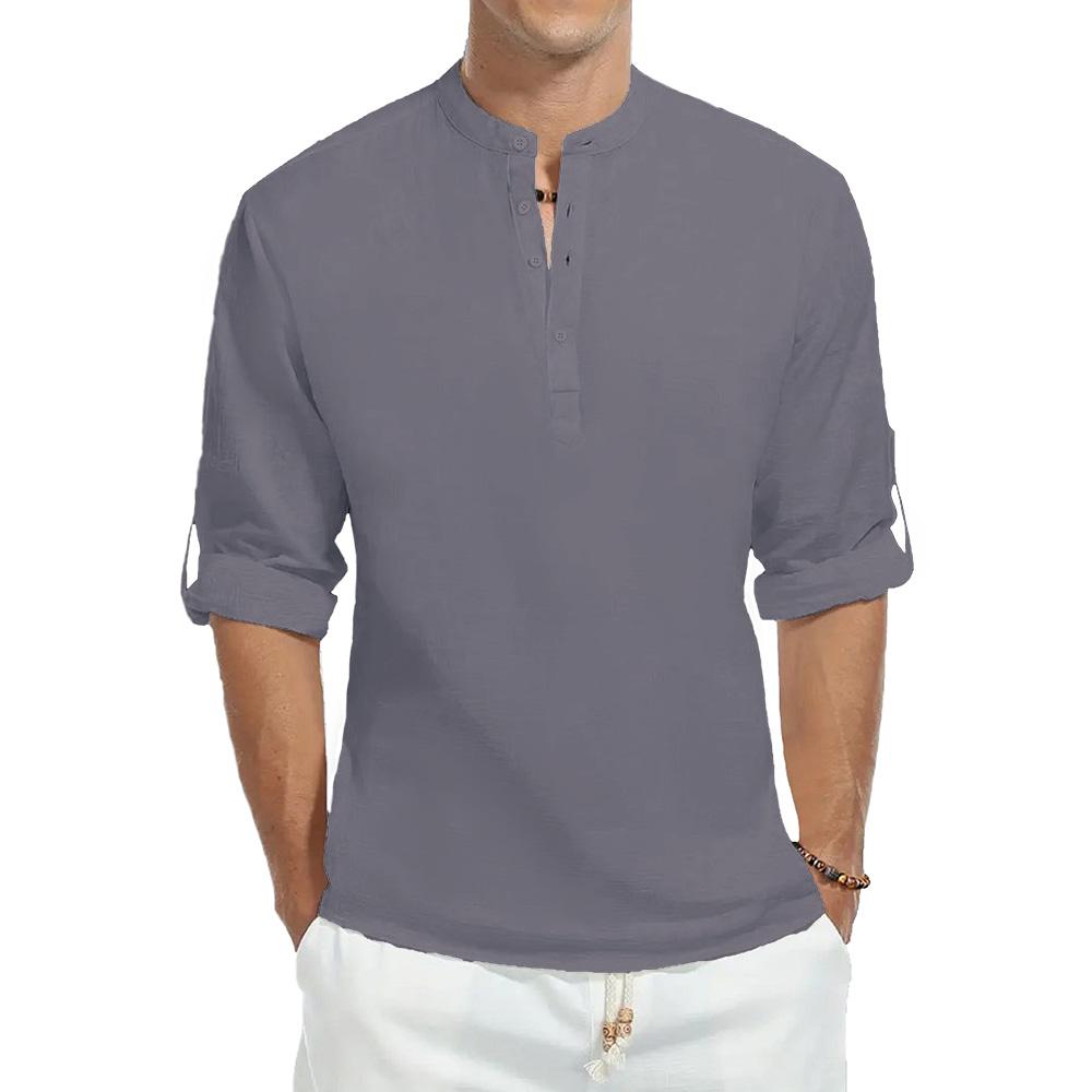 

Spring Summer Long Sleeve Cotton Linen Shirt for Men Solid Color Henley Neck Lightweight Breathable Shirts Button Tees M