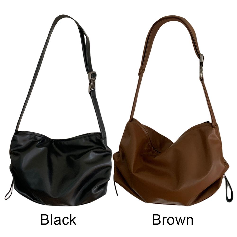 Women Shoulder Bag Pleated PU Leather Crossbody Bag Drawstring Clutch Purse Adjustable Strap Hobo Bag for Travel Commuting