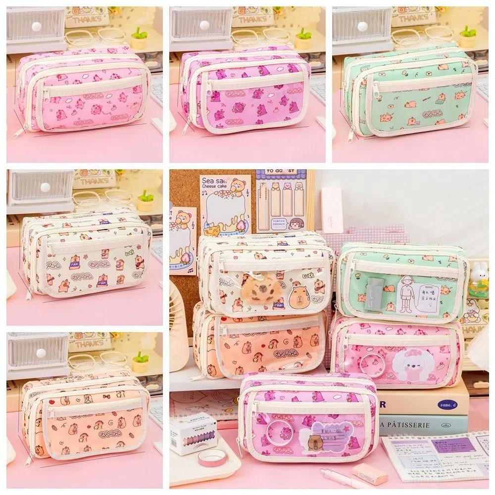 Large Capacity Cartoon Pencil Cases Canvas Stationery Bag Portable Capybara Pen Bag  Students Gift