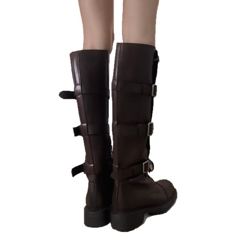 Cowhide Version~ Retro Brown Locomotive Belt Buckle Long Boots Women's Thick-soled Thick-heeled Big Tube Around the Knee Knight Boots