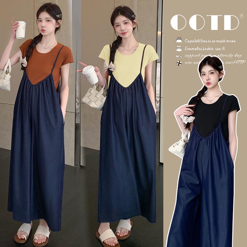Summer Tencel Maternity Overalls & Short Sleeve Denim Set L