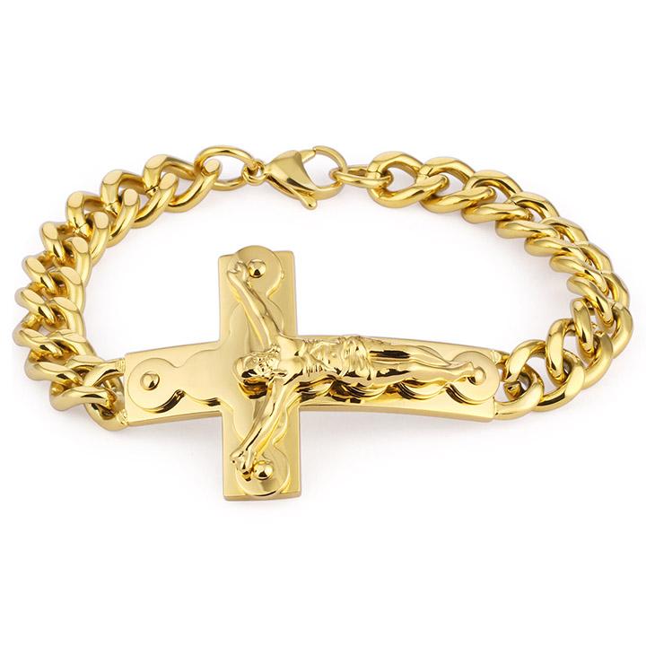

Crucifix Jesus Cross Charm Bracelets Stainless Steel Cuff Bracelets for Men Metal Cuban Hand Chain Religious Male Punk Jewelry 21CM