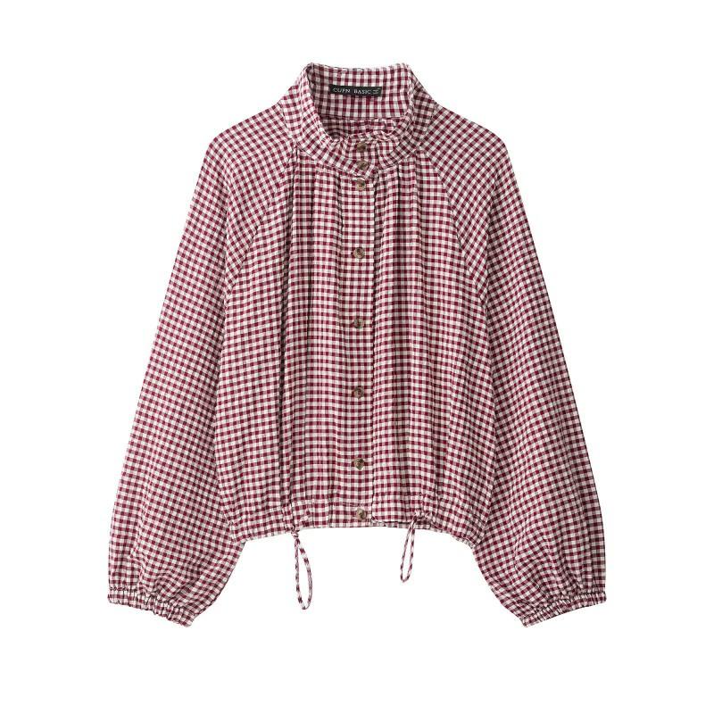 2026 Camicia a Maniche Lunghe a Quadri da Donna con Vestibilità Larga e Collo Alto Top Casual Streetwear