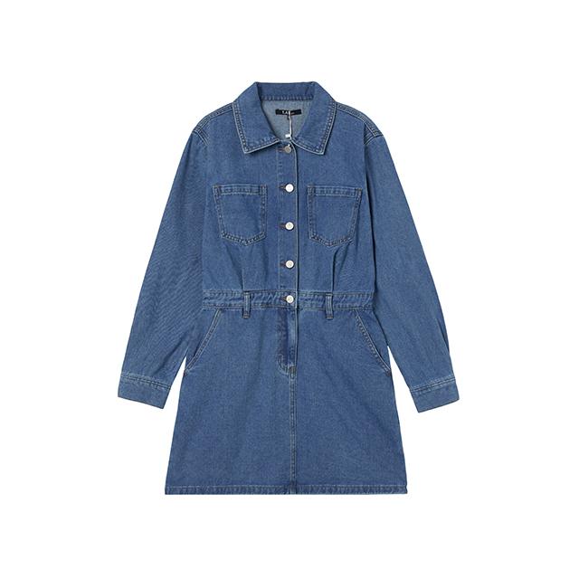 Rap Out-Pocket Shirt-Style Collar Denim Dress Aq1Do260