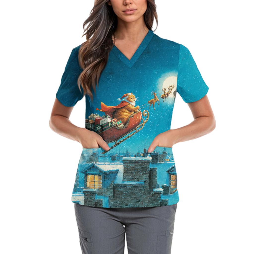 Women's Cute Bow Printed Work Clothes V-neck Double Layer Pockets Basic Short Sleeve Top Pullover