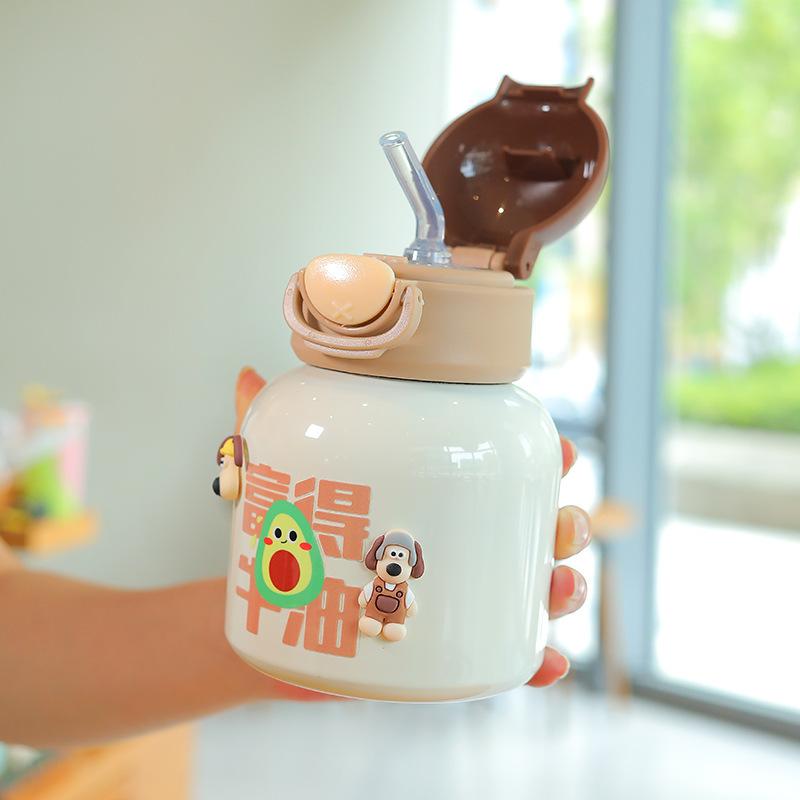 

Childrens Thermos Mug Cute Leak Proof Big Belly Cup for Women Students with Straw Creative Drop Resistant Water Glass 500ml