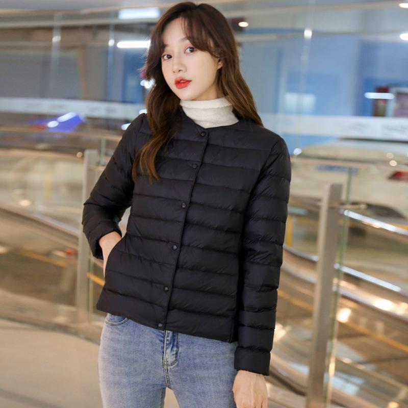

Зимняя корейская версия 2024 года, облегающая короткая куртка без воротника с длинными рукавами, женская легкая и тонкая куртка-пуховик однотонного цвета с тонкой подкладкой S чёрный