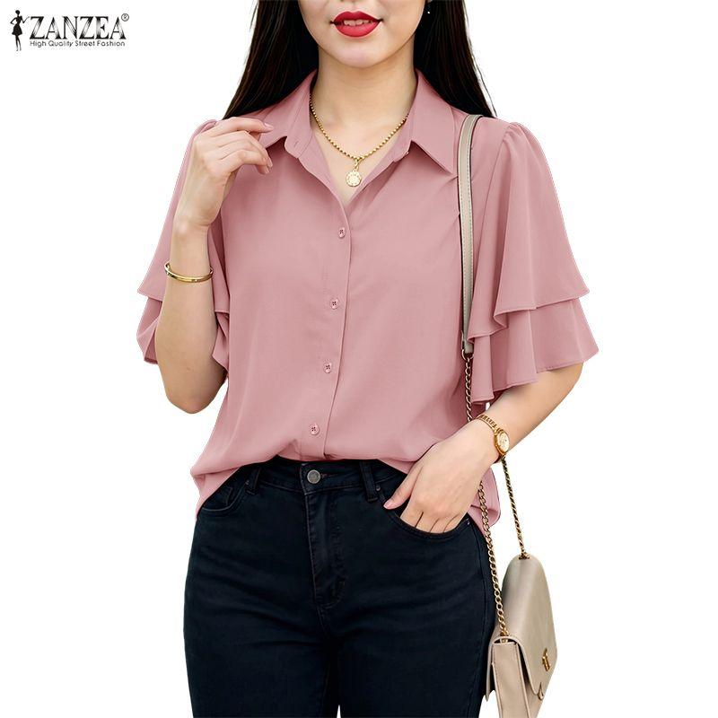 ZANZEA Women Commute Casual Turn Down Collar Loose Half Sleeve Blouse