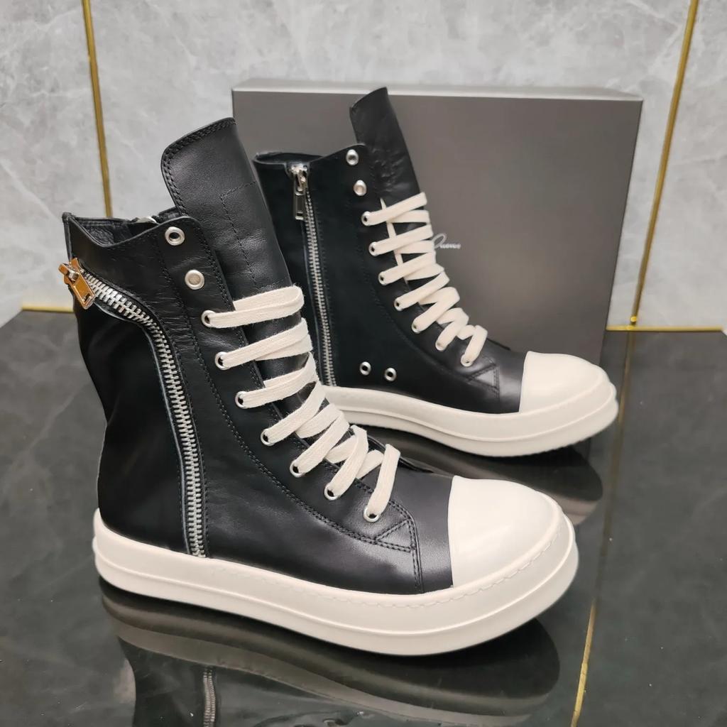 Top Quality Thick Bottom Black Cowhide Pocket High-top  with Zipper Fashion Men's Shoes Women's Shoes  Harajuku Style.