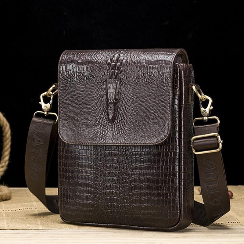 Men's Crocodile Print Single-shoulder Bag, Retro Genuine Leather Men's Crossbody Bag