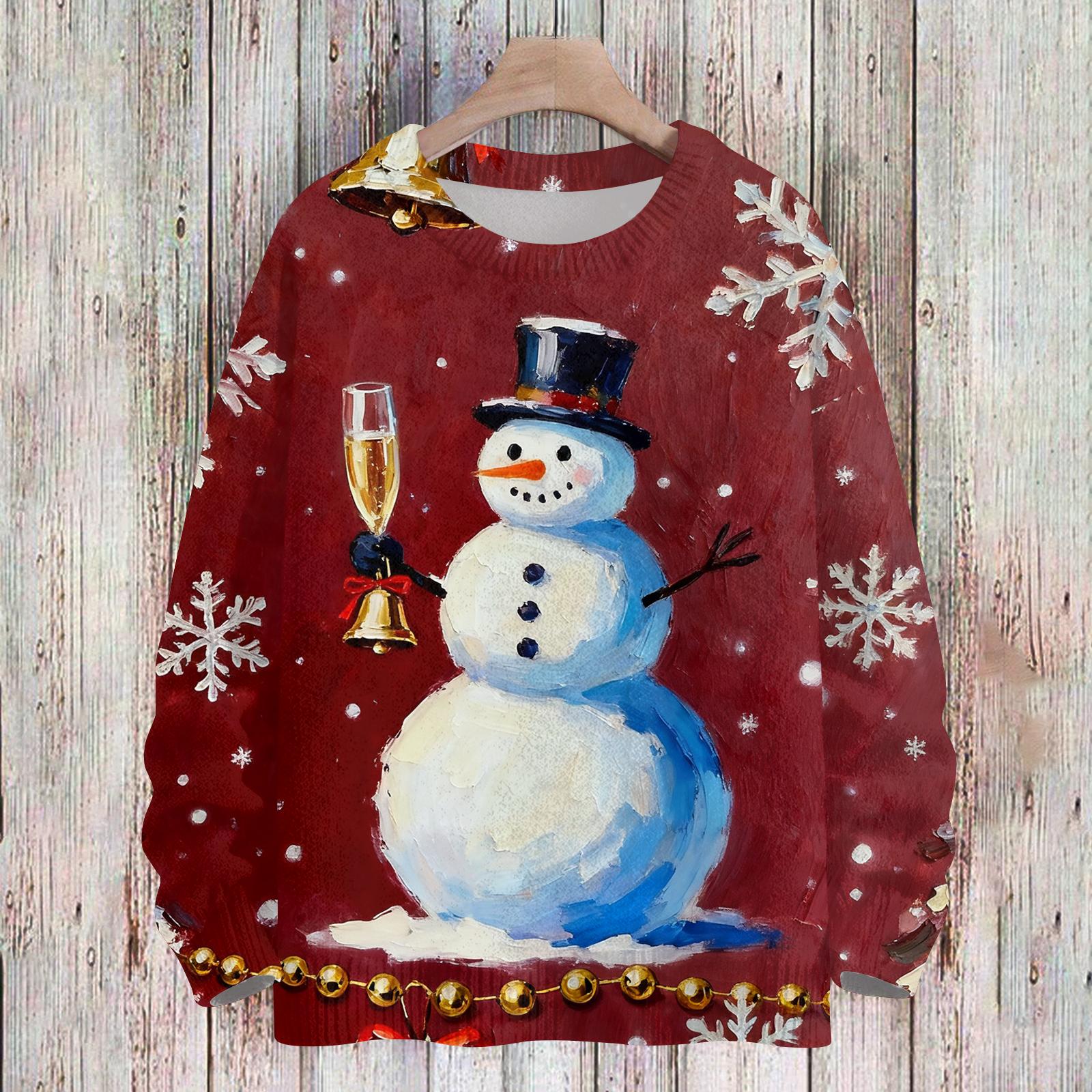 

Женский Модный И Повседневный Рождественский Милый Принт Круглый Вырез Длинный Рукав Вязаная Пряжа M винный