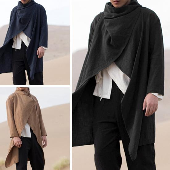 Men Spring Summer Gothic Punk Long Sleeve Cape Ruffle Shawl Midi Cardigan Coat