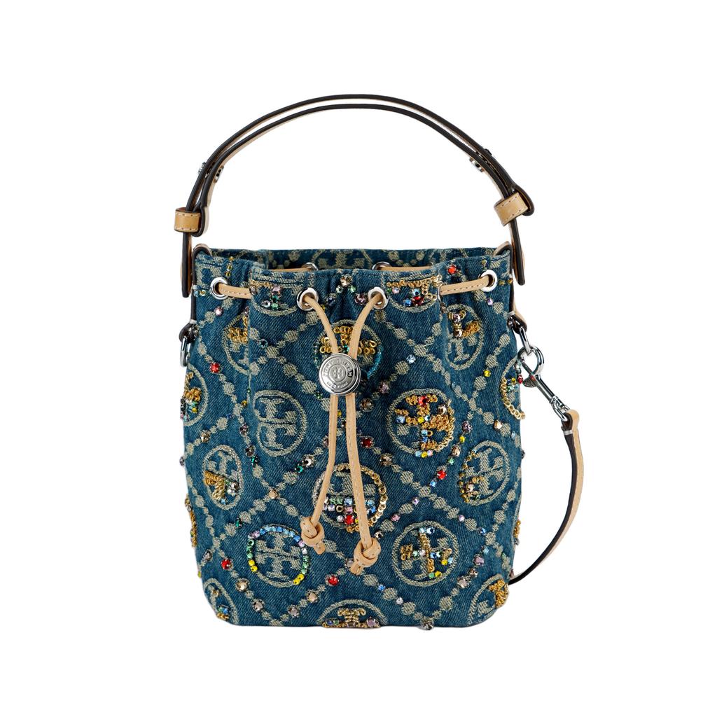 Tory Burch T Monogram Denim Jacquard Beaded Detail Sequin Bucket Bag Fabric Shoulder Tote Mini Women Bags Blue 174266-1025