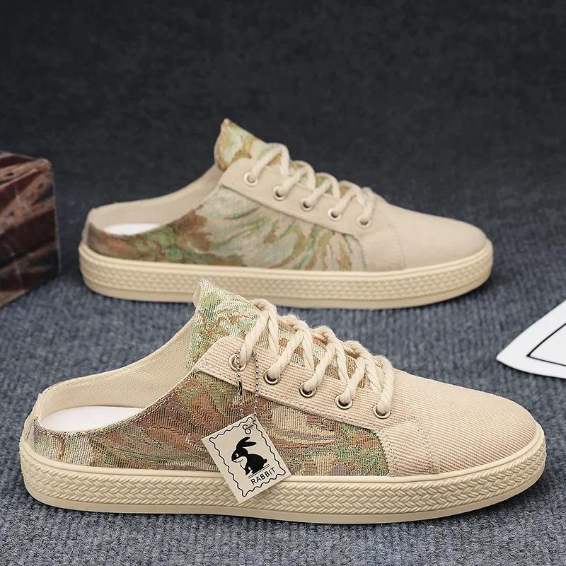 Fashion Men's Shoes Slip-On Loafers Flat Slippers Summer Canvas Half Slippers Lightweight Casual Lazy Shoes Student Sandalias Zapatos