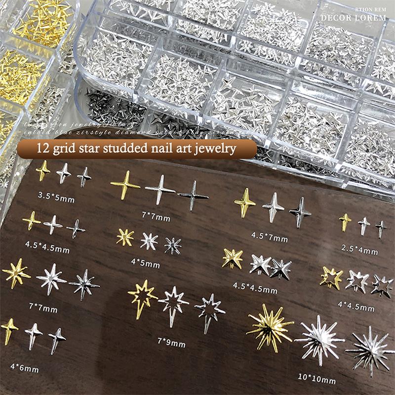12 Grades/Caixa Design Misto 3D Metal Starlight Charms para Unhas Peças Estrelas Rebite Acessórios Para Decoração de Unhas Suprimentos de Manicure