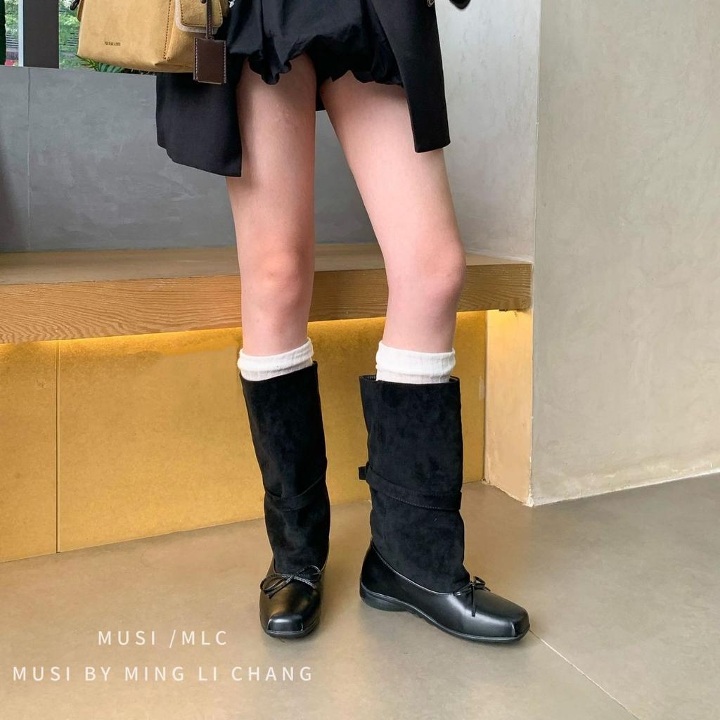 2025 autumn and winter new square head splicing thin boots belt buckle thick heel thick sole but knee thin women's boots