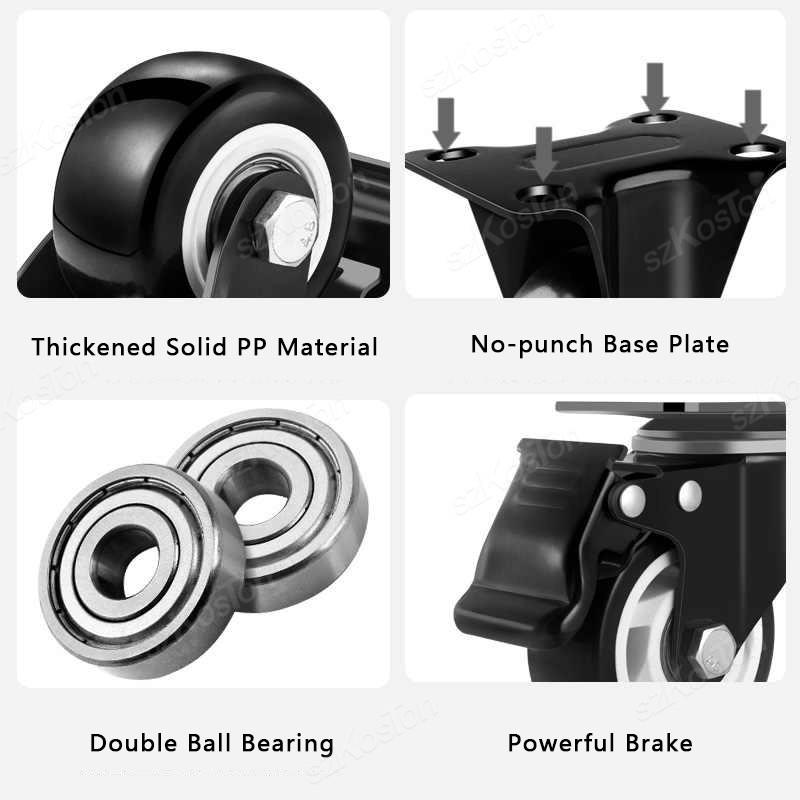 2pcs 1.5 inch 2inch Heavy Duty Black Swivel Castor Wheels Trolley Furniture Caster PP Material Flat Brake Gold Drill Caster