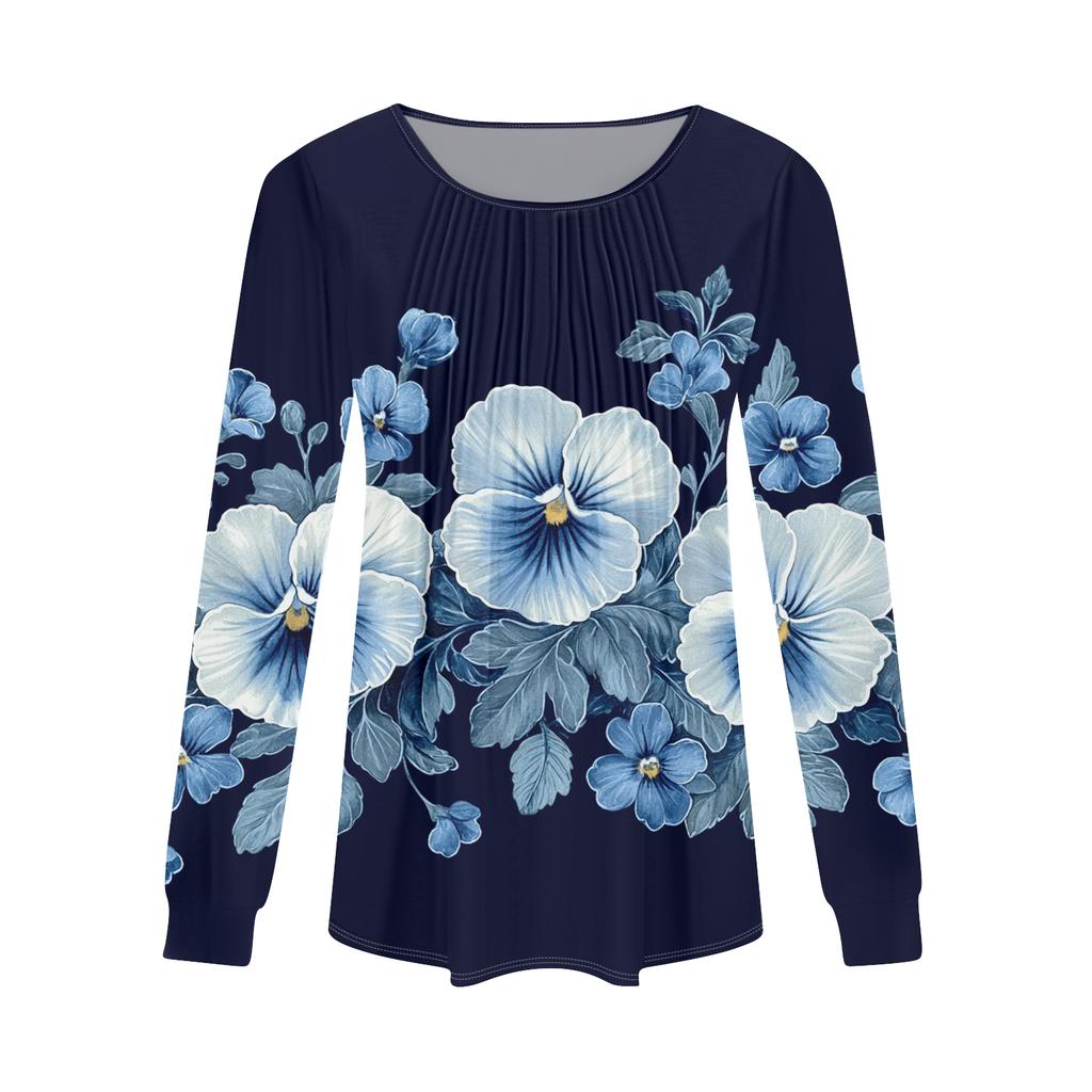 Women's Fashion Casual Pleated Round Neck Vintage Floral Print Long Sleeve T,Shirt Top