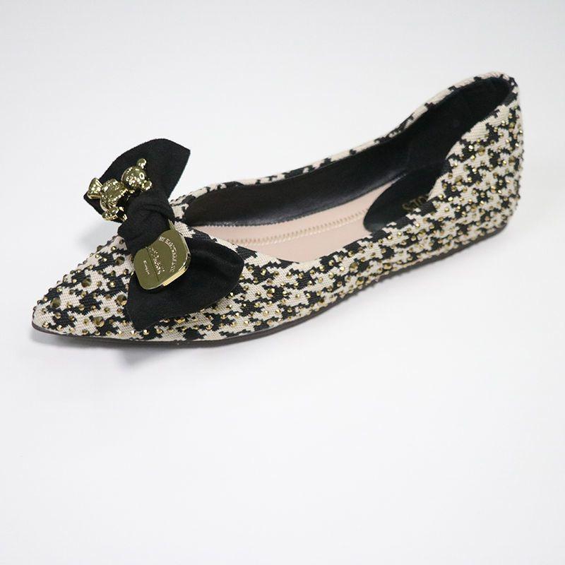 Single Shoes Women's 2025 Spring and Summer New Versatile Pointed Flat-soled Ladyshoes Thousand Bird Grid Bow Shallow Mouth Temperament Soft Sole