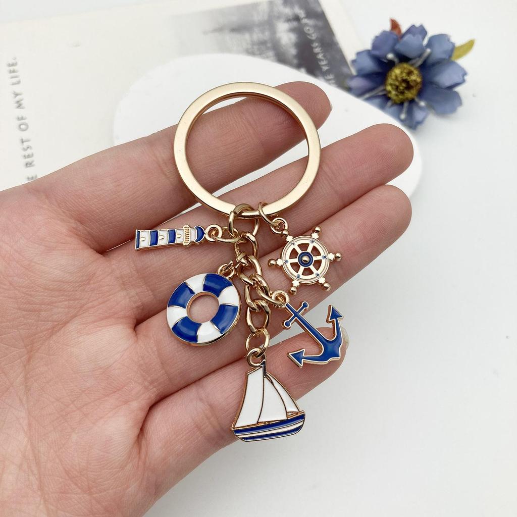 Blue Sailboat Lighthouse Lifebuoy Keychain - Maritime Worker Commemorative Pendant