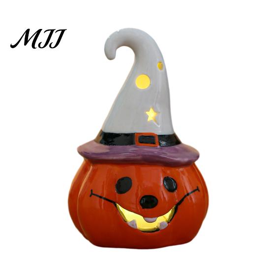 Small Ceramic Halloween Figurine Tealight Holder, Lighted Ghost Pumpkin with Cute Room Decoration Witch Hat, Tiered Tray Tabletop Decor for