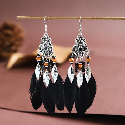 Bohemian Ethnic Feather Drop Ohrringe Für Frauen Elegante Holz Perlen Blatt Lange Quasten Baumeln Ohrring Mädchen Fashion Party Schmuck