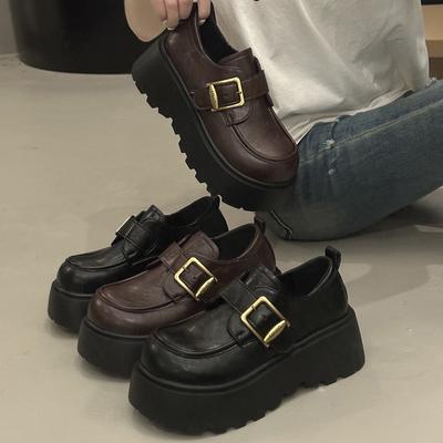Thick-soled Heightening Leather Velcro Loafers Women's 2025 Autumn New Retro British Style Small Leather Shoes Thick Heel Single Shoes