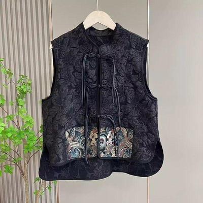 Sleeveless Black Jacquard Embroidered Vest - Retro Ethnic Chinese Style for Women