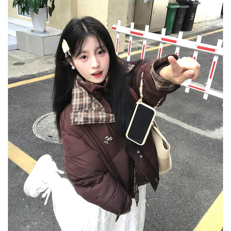 Winter Loose Plaid Patchwork Cotton Coat Women Double Layer Collar Puffer Jacket