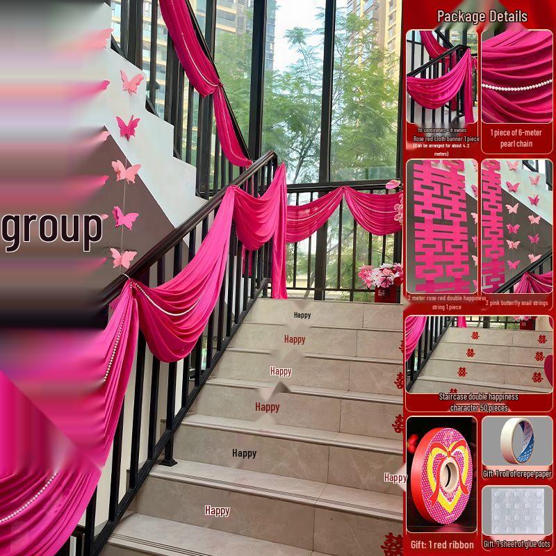 Chinese Wedding Double Happiness Stair Decor Set - Stickers, Flowers, Banners, Lanterns