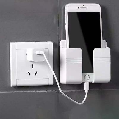 1Pc White Punch Free Wall Mount Phone Plug Holder Mobile Phone Charging Stand Air Conditioner TV Remote Control Storage Box