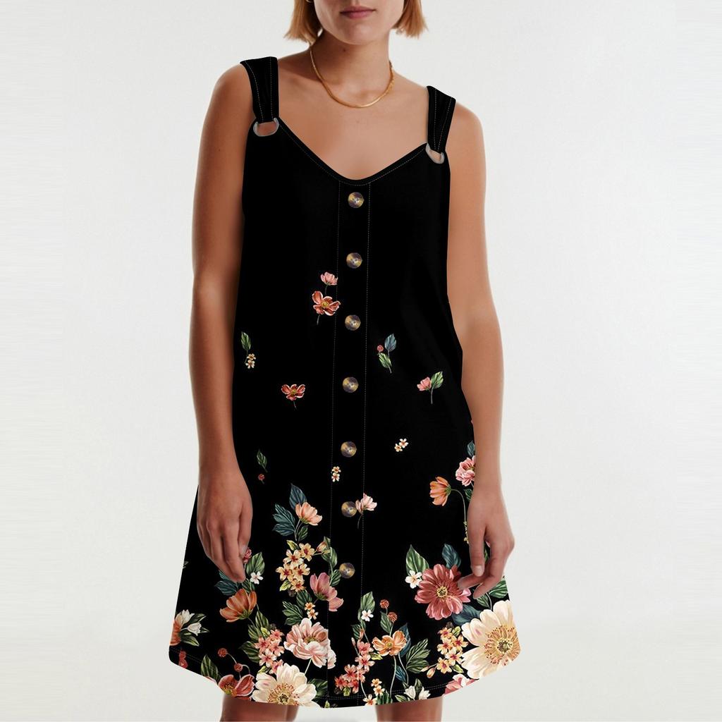 Women's Summer Dress With Pocket Sleeveless Floral Print Sundress