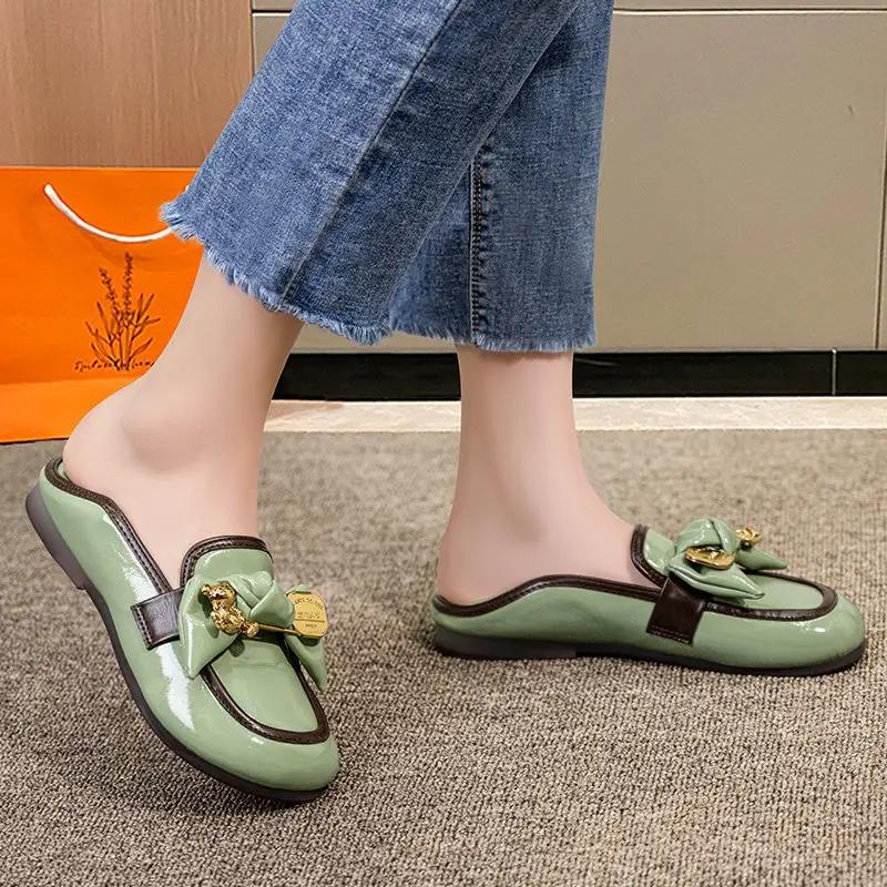 Flats Shoes for Women Low Heel Elegant Woman Footwear Flat Black Normal Leather Casual Round Toe Trend Y2k Luxury Brand Popular
