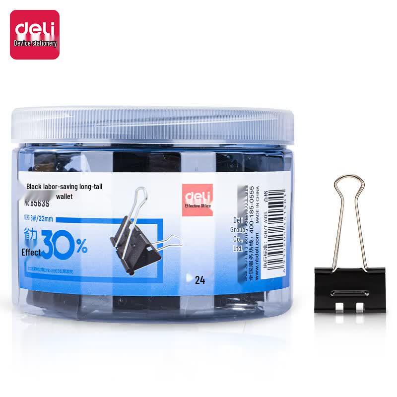 Deli 32mm Effort-Saving Black Binder Clips, 24-Pack