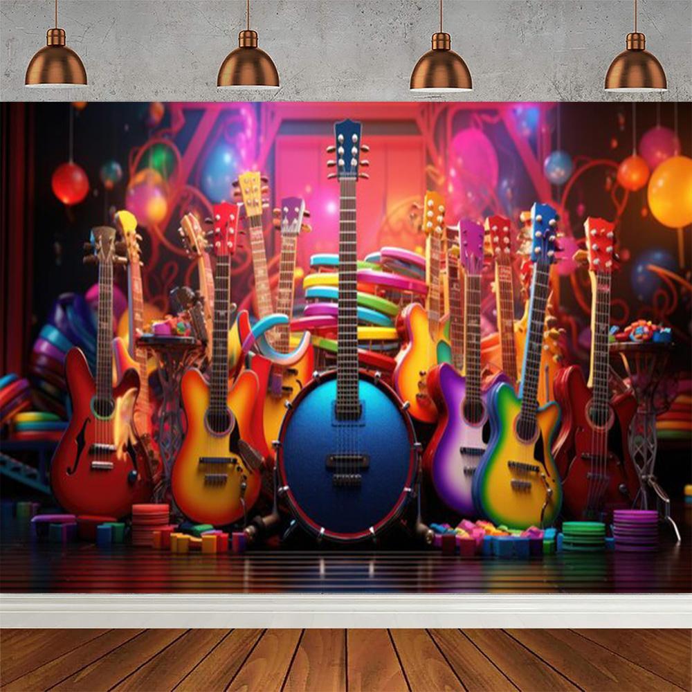 Rock Music Themed Birthday Party Decoration Shooting Background, Music Guitar Dance Notes Band Stage Banner Photography Backdrop
