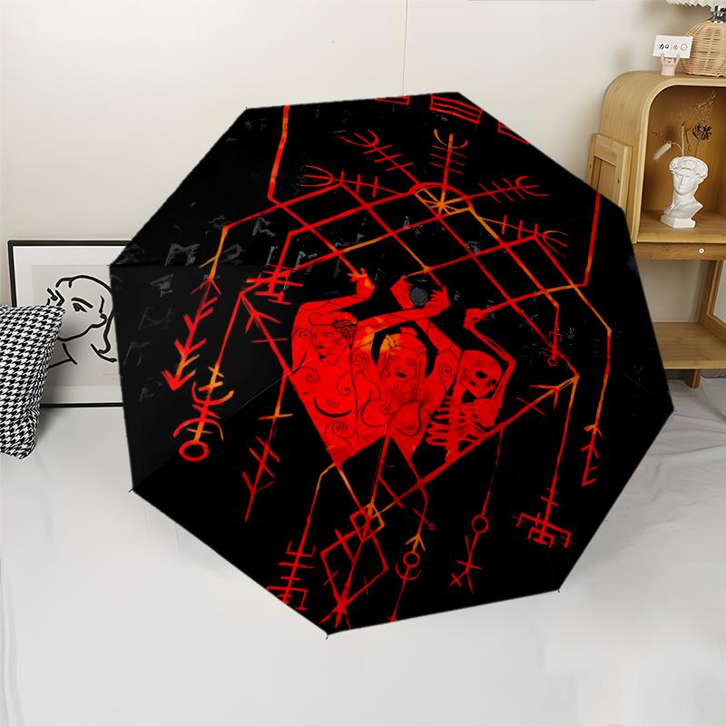 Valknut Print Automatic Umbrella, 8 Rib Iron Frame, Plastic Handle, Suitable for Outdoor Travel &Daily , Ideal Gift