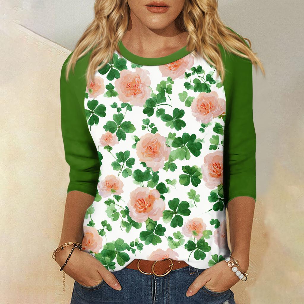 Women's St. Patrick's Day Print Round Neck Three-Quarter Sleeve Top