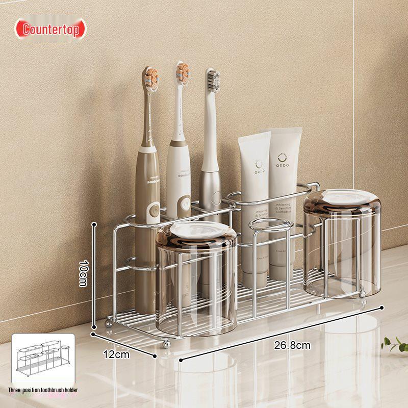 Nástěnný nerezový držák na zubní kartáčky s kelímkem na vyplachování a poličkou