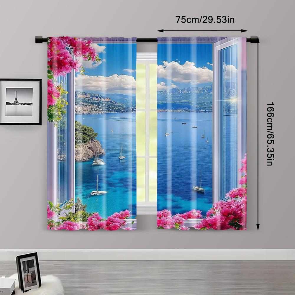 2pcs   Print Curtains Sea View Machine Washable Fabric (without Rod) Versatile All Perfect for Room   Kitchen   Study   Bedroom