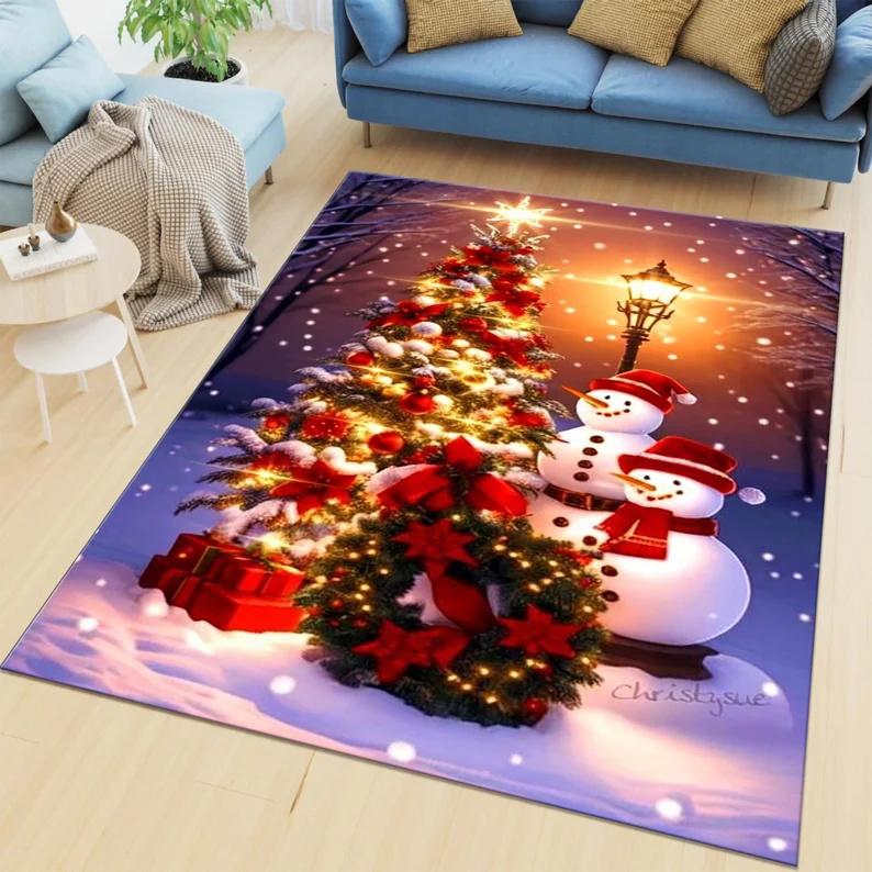 Christmas Themed Red White Rug Featuring Santa Christmas Tree and Gift Packages Living Room Washable Rug Non-Slip Rug Area Rug