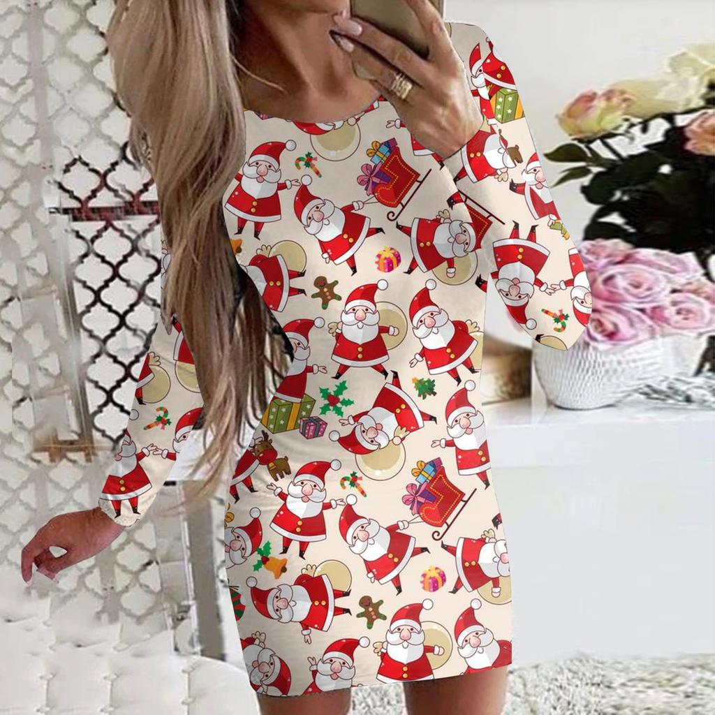 Women Christmas Print Dresses For Winter Year Cute X-Mas Tree Print Long Sleeve Dress Casual O-Neck Bodycon Mini Dress