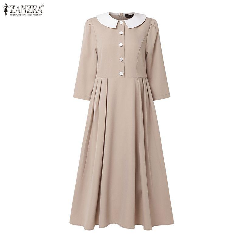 ZANZEA Women Casual Splice Doll Collar Loose Long Sleeve Elegant Dress