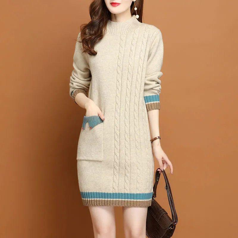 Fleece and Thickened Mid-length Sweater for Women Loose Half Turtleneck Knitted Sweater Fashionable and Casual Hip-hugging Knitted Dress