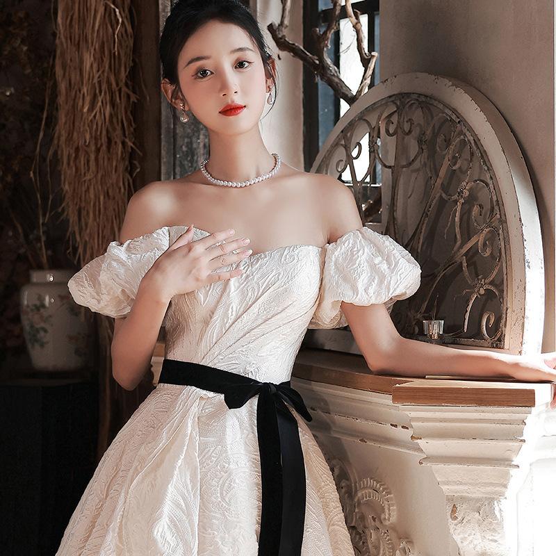 White Satin Evening Dress Dress 1011 New Autumn and Summer Style French Feeling On the Run Princess Dress