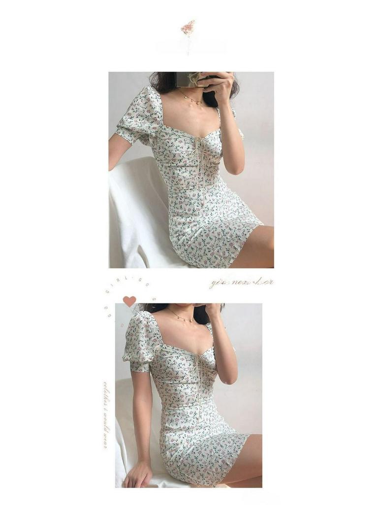 Women's Floral Puff Sleeve Lace-Up Short Dress - Spring/Summer Trendy Slimming Waist-Cinching Design